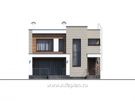 Проекты домов Альфаплан - «Эрго» - проект двухэтажного дома с плоской кровлей 10х10м - превью фасада №1