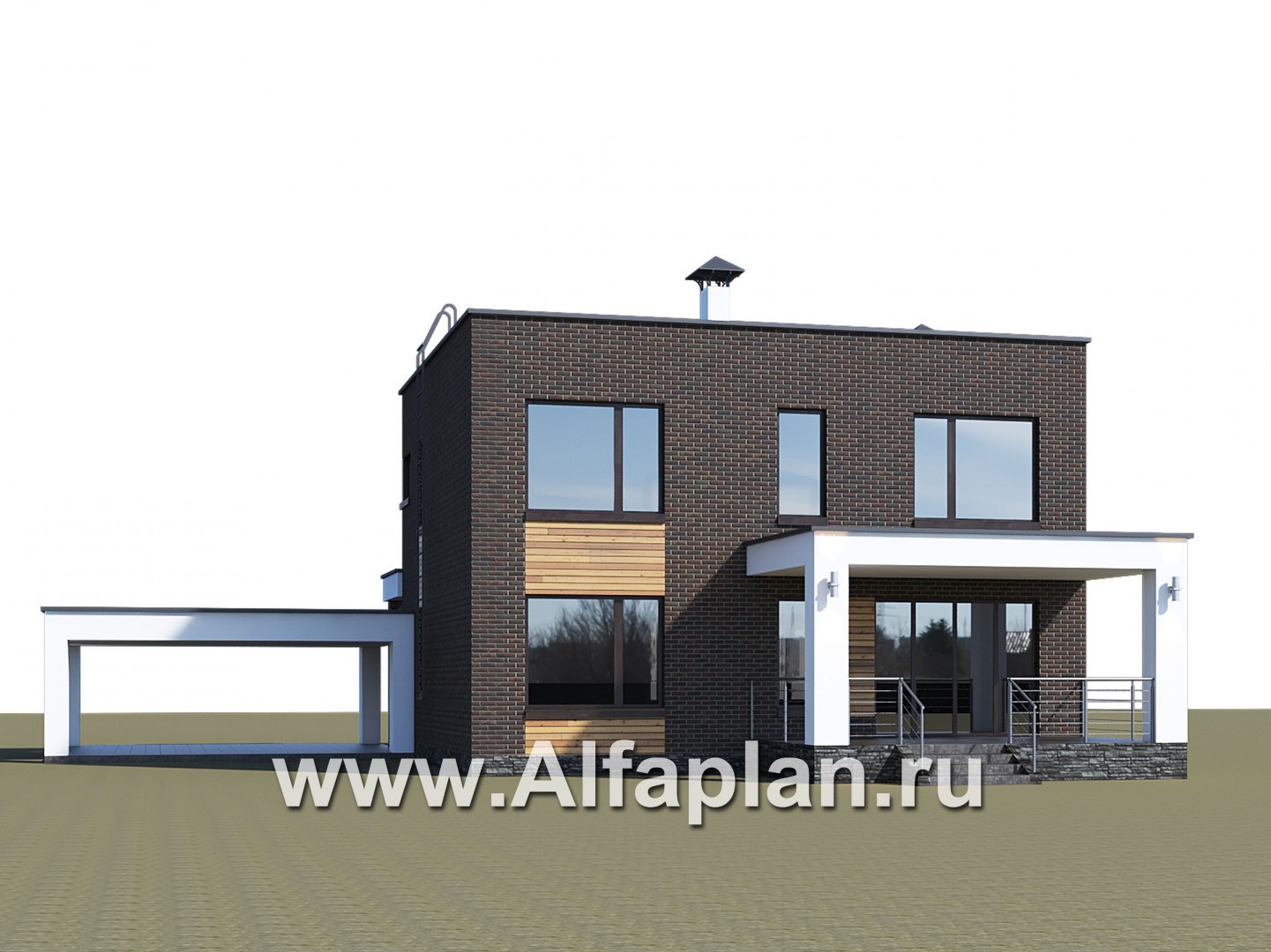 Проекты домов Альфаплан - «Эрго» - проект двухэтажного дома с плоской кровлей 10х10м, с гаражом-навесом - дополнительное изображение №2