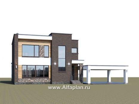 Проекты домов Альфаплан - «Эрго» - проект двухэтажного дома с плоской кровлей 10х10м, с гаражом-навесом - превью дополнительного изображения №1