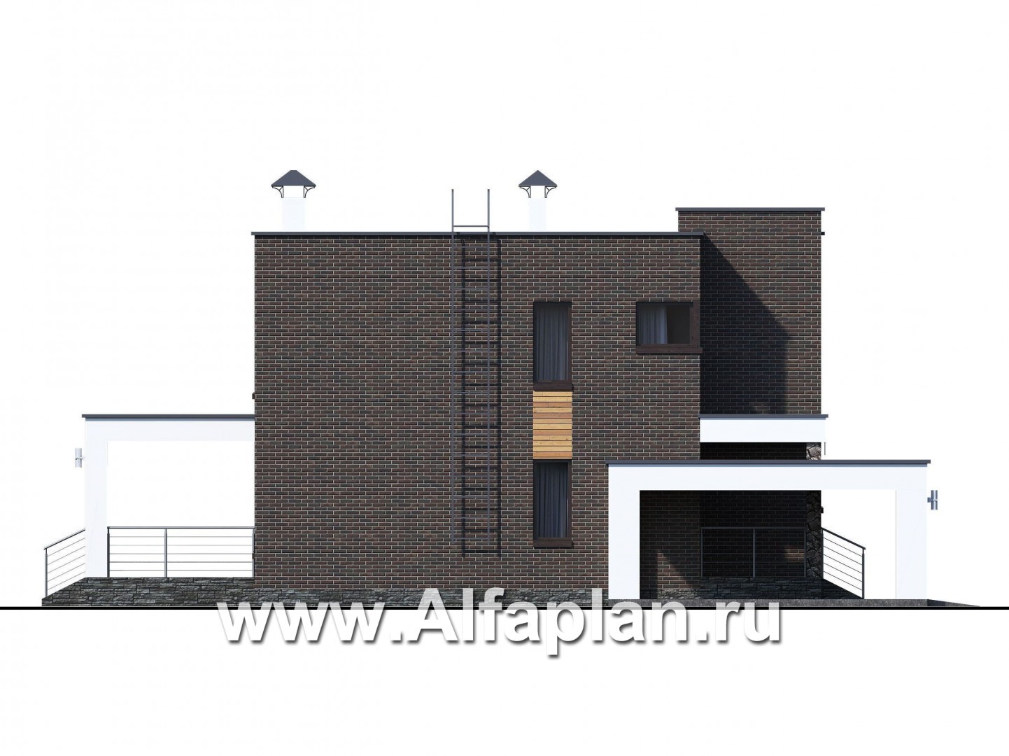 Проекты домов Альфаплан - «Эрго» - проект двухэтажного дома с плоской кровлей 10х10м, с гаражом-навесом - изображение фасада №4