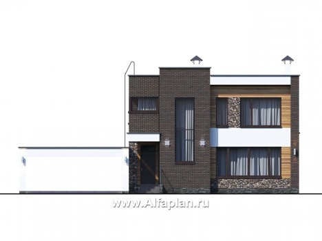 Проекты домов Альфаплан - «Эрго» - проект двухэтажного дома с плоской кровлей 10х10м, с гаражом-навесом - превью фасада №1