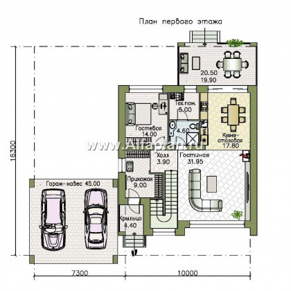 Проекты домов Альфаплан - «Эрго» - проект двухэтажного дома с плоской кровлей 10х10м, с гаражом-навесом - превью плана проекта №1