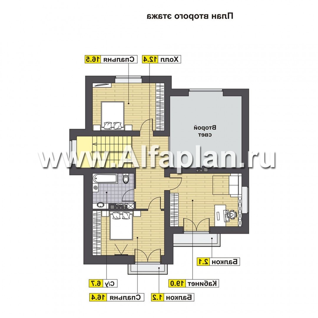 Проект дома с мансардой, планировка со вторым светом и с террасой, навес на 1 авто, в стиле шале - план дома