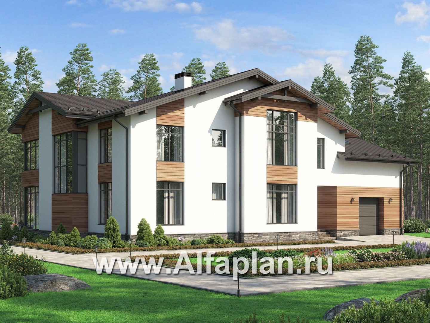 Проекты домов Альфаплан - Проект современного особняка с гаражом и большой террасой - дополнительное изображение №2