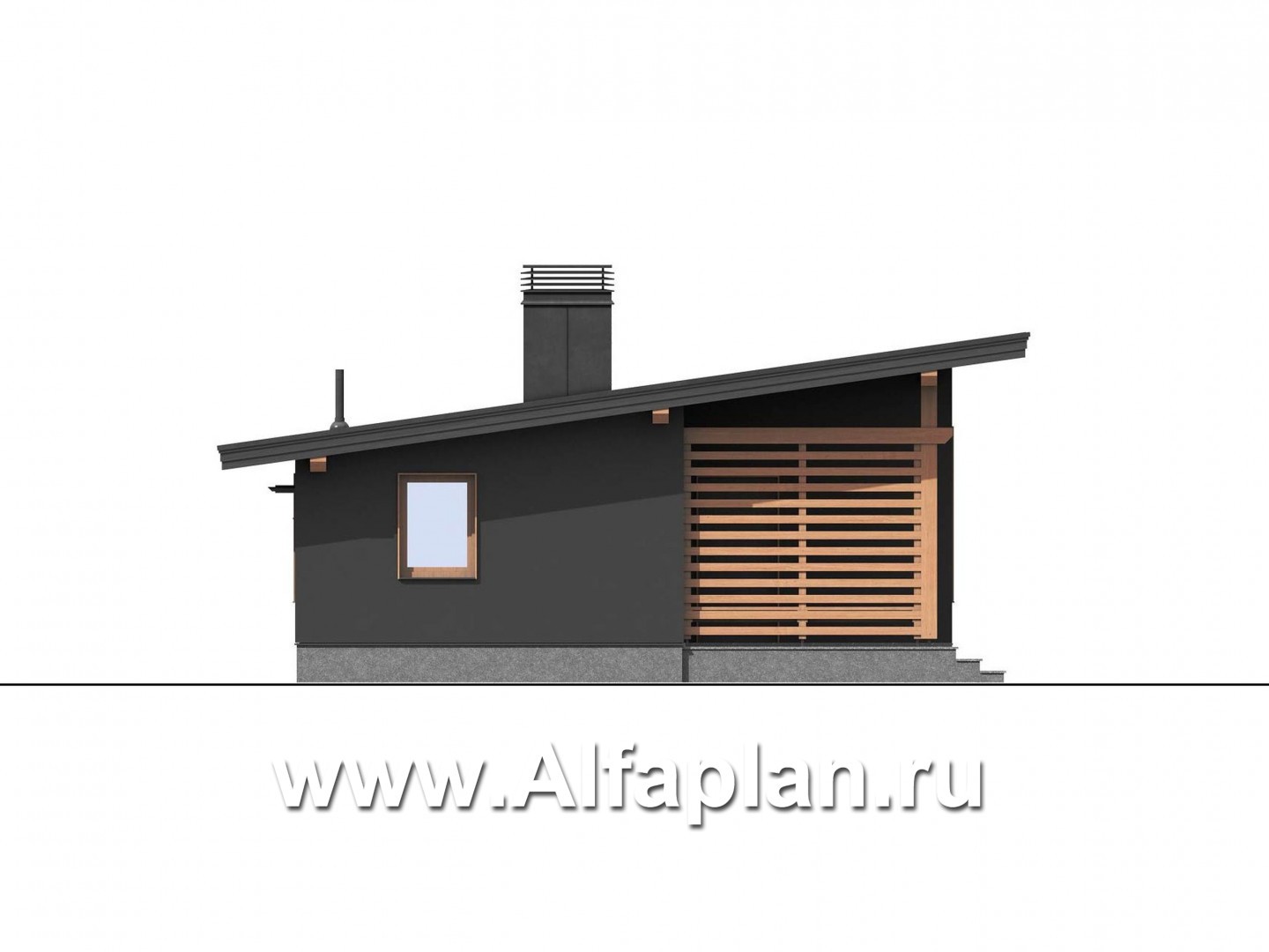 Проект бани, планировка со спальней, с односкатной кровлей в современном стиле - фасад дома