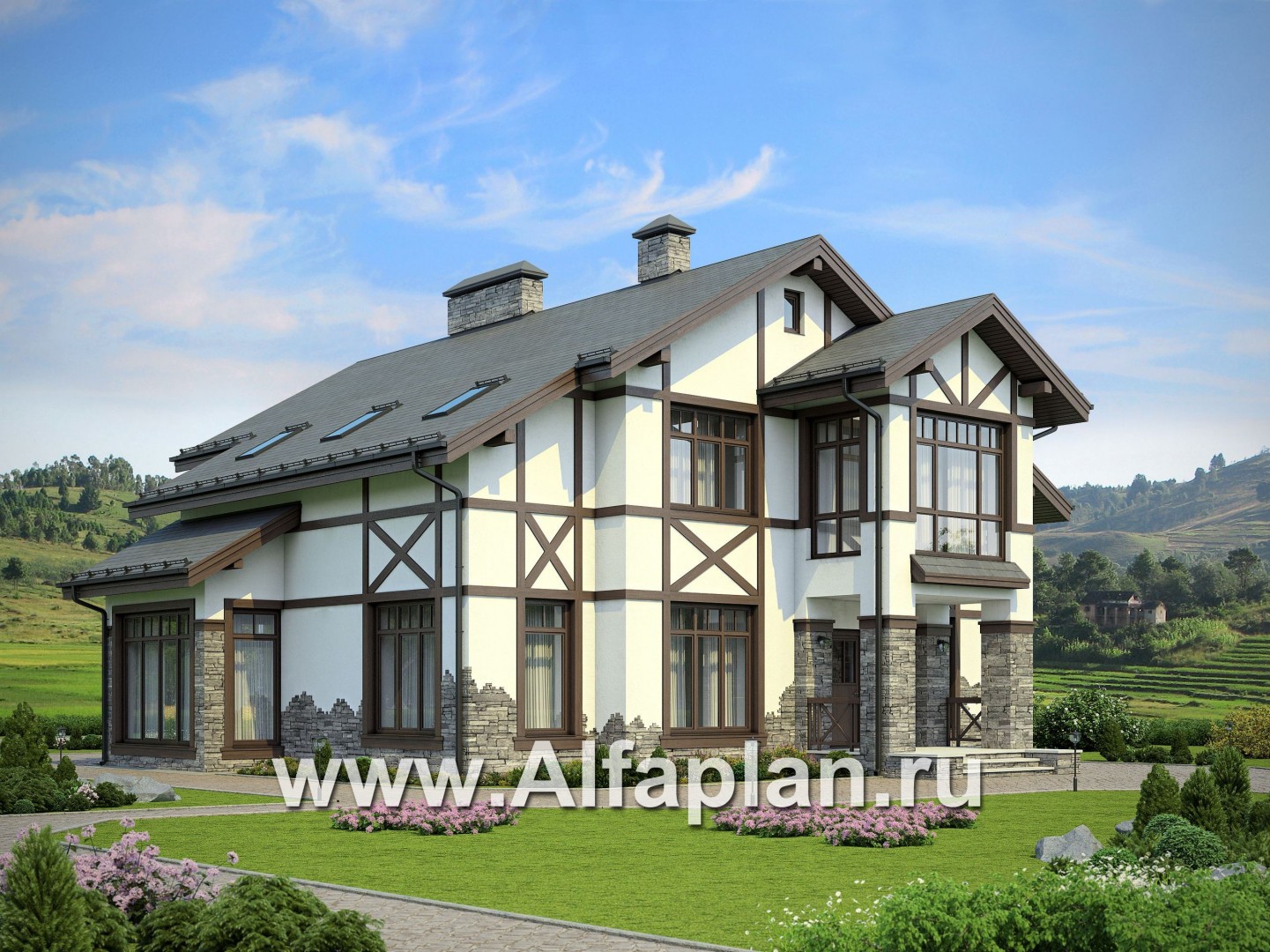 Проекты домов Альфаплан - Проект загородный дом с фахверком на фасадах - основное изображение