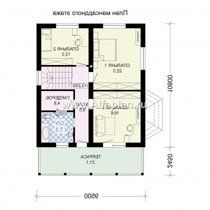 Проект дома с мансардой, 3 спальни, с камином и эркером, гостевая комната на 1 эт, терраса и балкон со стороны входа - превью план дома