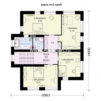 Проект двухэтажного коттеджа, планировка с кабинетом, с террасой, в современном стиле - превью план дома