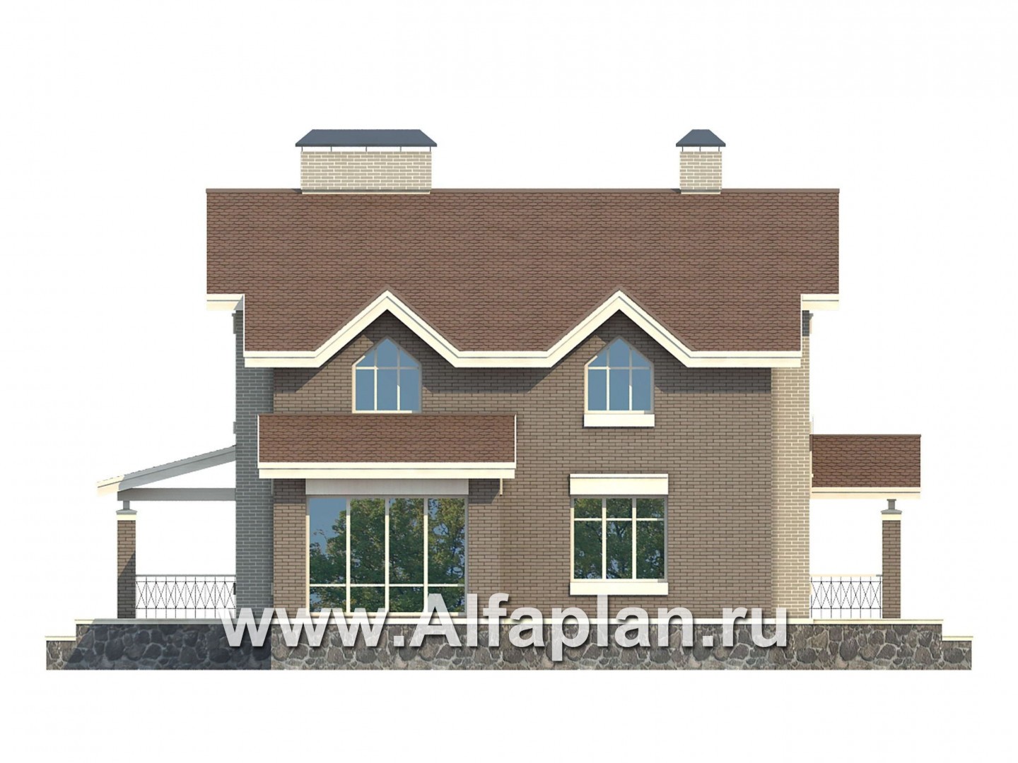 Проекты домов Альфаплан - Проект кирпичного особняка с цокольным этажом - изображение фасада №4