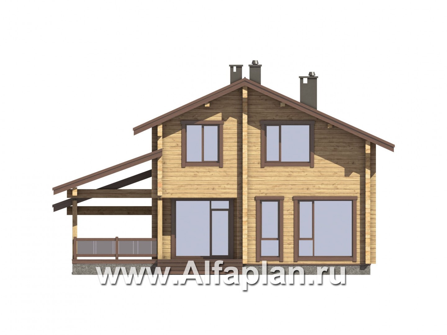 Проекты домов Альфаплан - Проект дома из бруса с навесом для машины и угловой террасой - изображение фасада №2