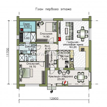 Проекты домов Альфаплан - «Веда» - проект одноэтажного дома с сауной в стиле барн - превью плана проекта №1