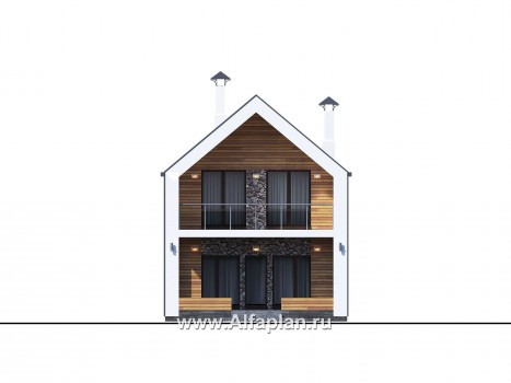 «Барн» - проект дома с мансардой, современный стиль барнхаус, с террасой к дому и с балконом - превью фасада дома
