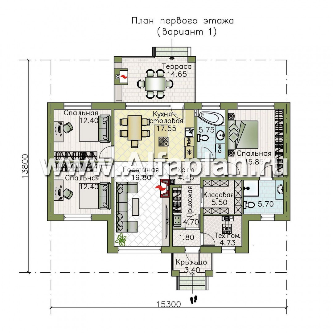 «Авалон» - проект одноэтажного дома из кирпича, с террасой - план дома