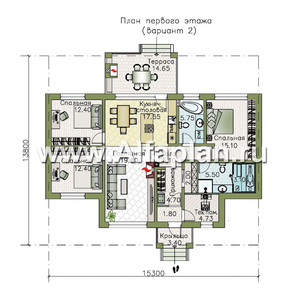 «Авалон» - проект одноэтажного дома из кирпича, с террасой - план дома