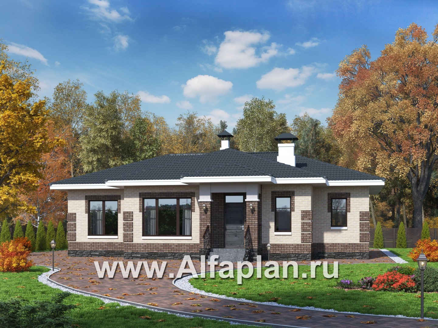 «Авалон» - проект одноэтажного дома из кирпича, с террасой - основное изображение