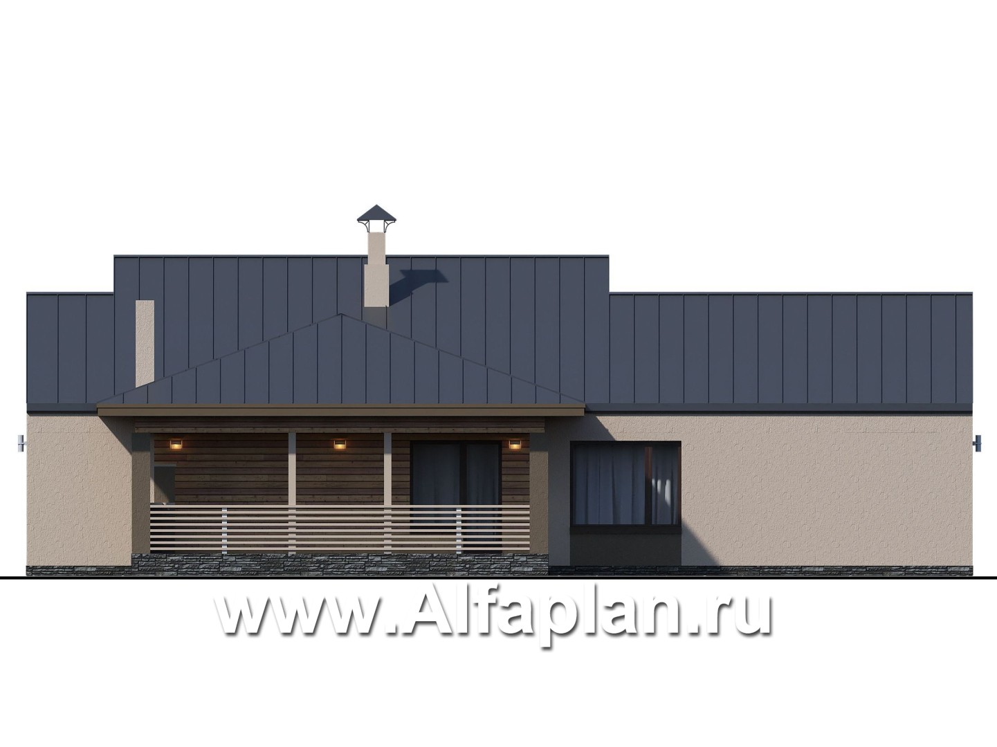 Проекты домов Альфаплан - «Аркада» - проект одноэтажного дома, современный стиль, барнхаус, с фальцевой кровлей - изображение фасада №2