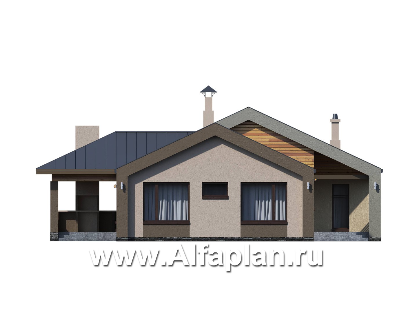 Проекты домов Альфаплан - «Аркада» - проект одноэтажного дома, современный стиль, барнхаус, с фальцевой кровлей - изображение фасада №4