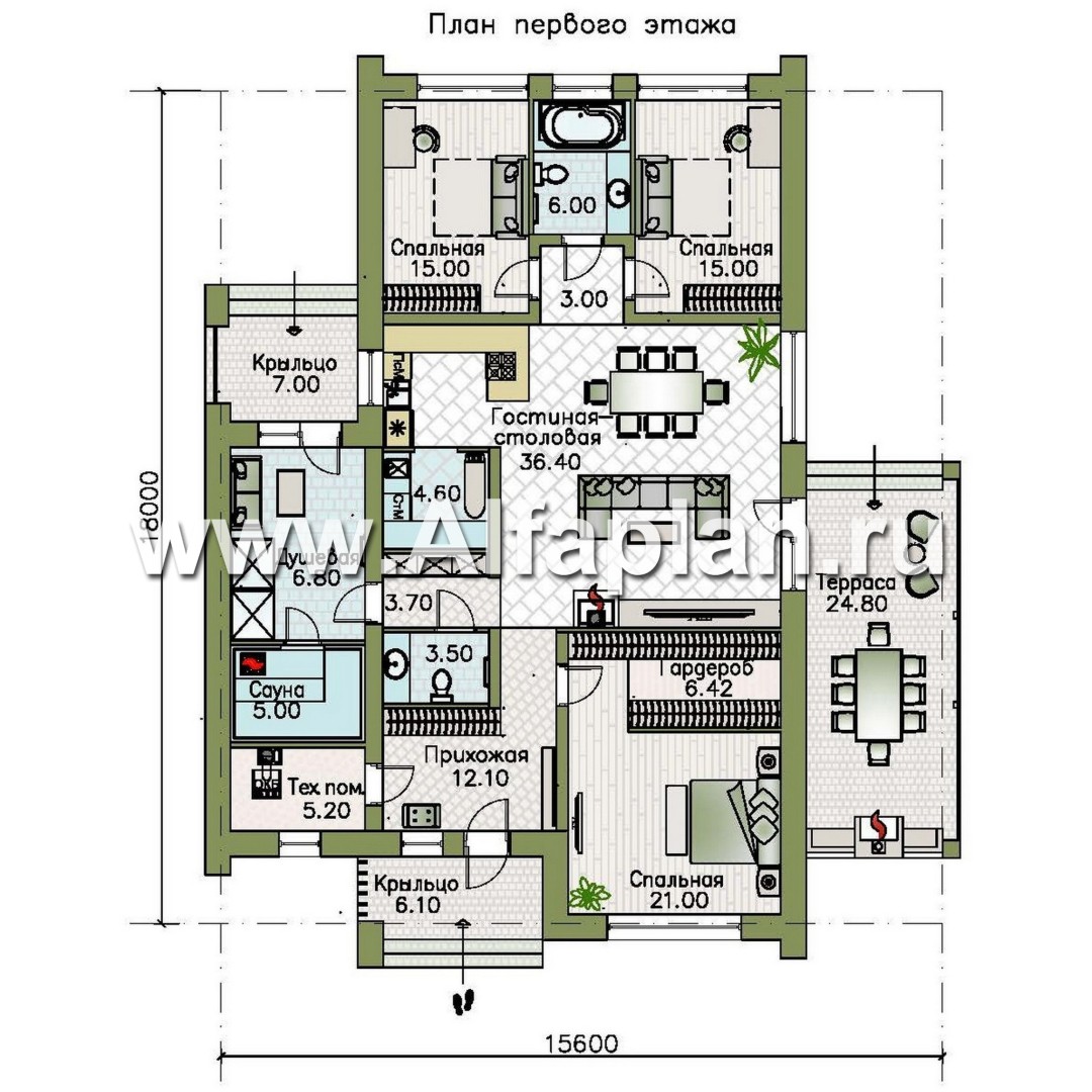 Проекты домов Альфаплан - «Аркада» - проект одноэтажного дома, современный стиль, барнхаус, с фальцевой кровлей - изображение плана проекта №1