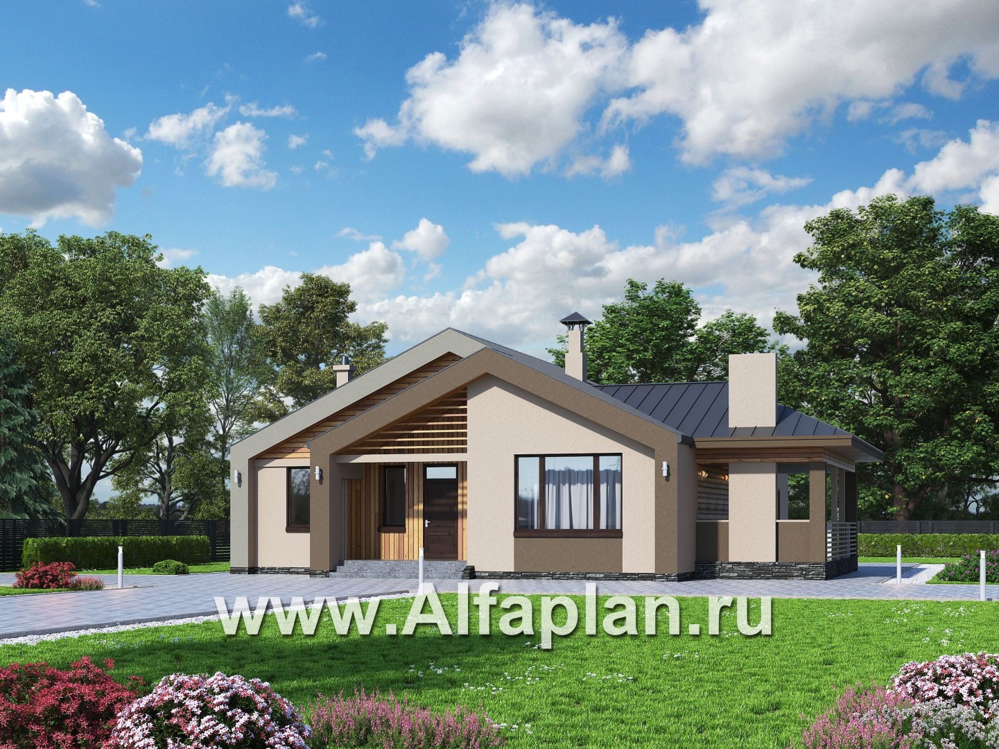 Проекты домов Альфаплан - «Аркада» - проект одноэтажного дома, современный стиль, барнхаус, с фальцевой кровлей - основное изображение