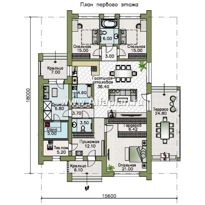 Проекты домов Альфаплан - «Аркада» - проект одноэтажного дома, современный стиль, барнхаус, с фальцевой кровлей - превью плана проекта №1