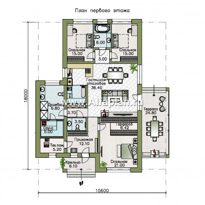 Проекты домов Альфаплан - «Юкон» - просторный одноэтажный коттедж с террасой - превью плана проекта №1