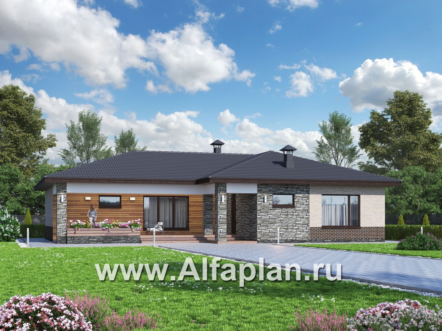 Проекты домов Альфаплан - «Алазея» - просторный одноэтажный дом с сауной и террасой - основное изображение