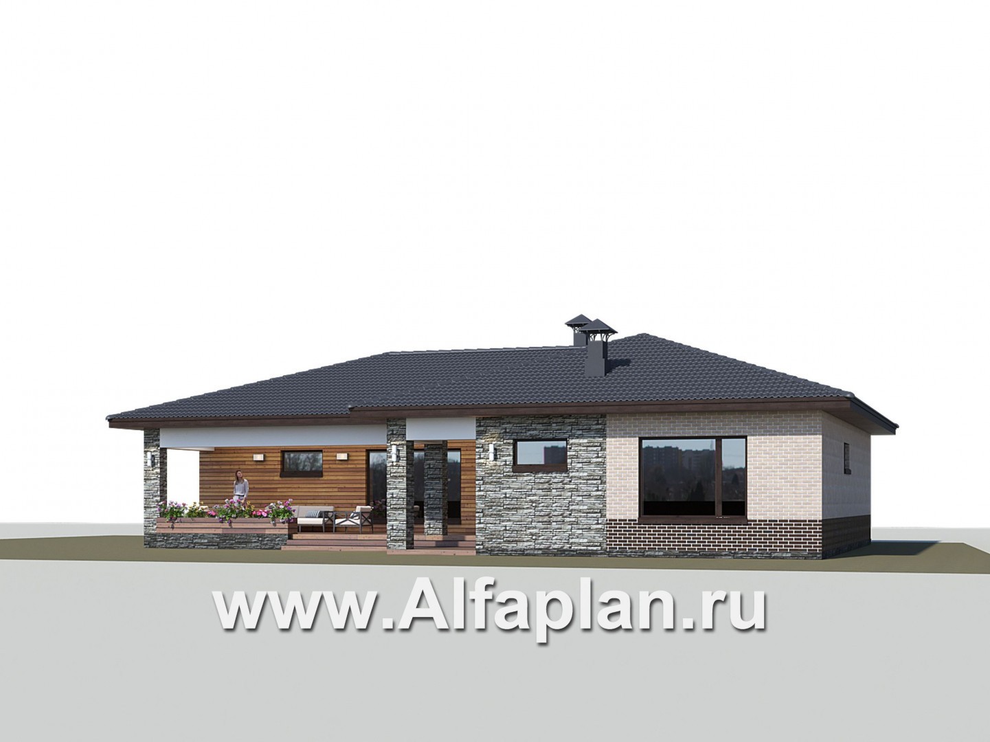 Проекты домов Альфаплан - «Алазея» - просторный одноэтажный дом с сауной и террасой - дополнительное изображение №1