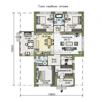 Проекты домов Альфаплан - «Притяжение» - одноэтажный дом с тремя спальнями - превью плана проекта №1