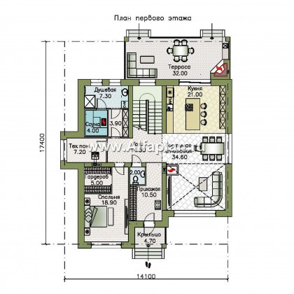 «Сафо» - проект двухэтажного дома, из кирпича, второй свет гостиной, с сауной и с террасой, американский стиль - превью план дома