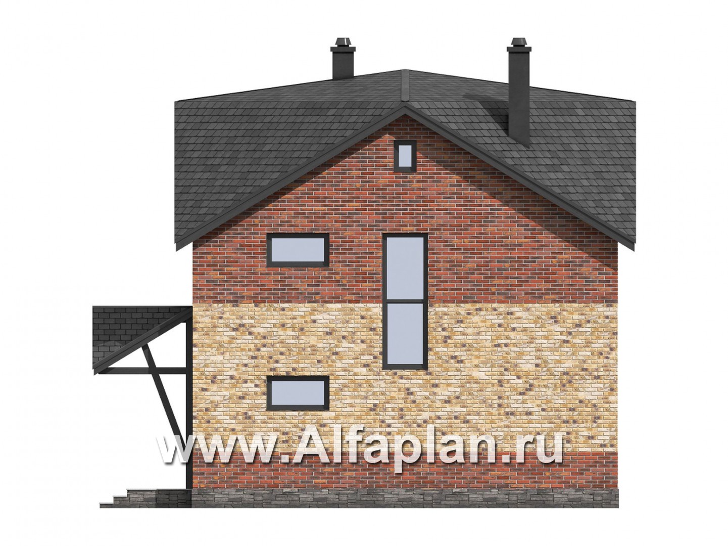 Проект двухэтажного дома, с кабинетом на 1 эт и с террасой, для маленького  участка, с шатровой крышей - фасад дома