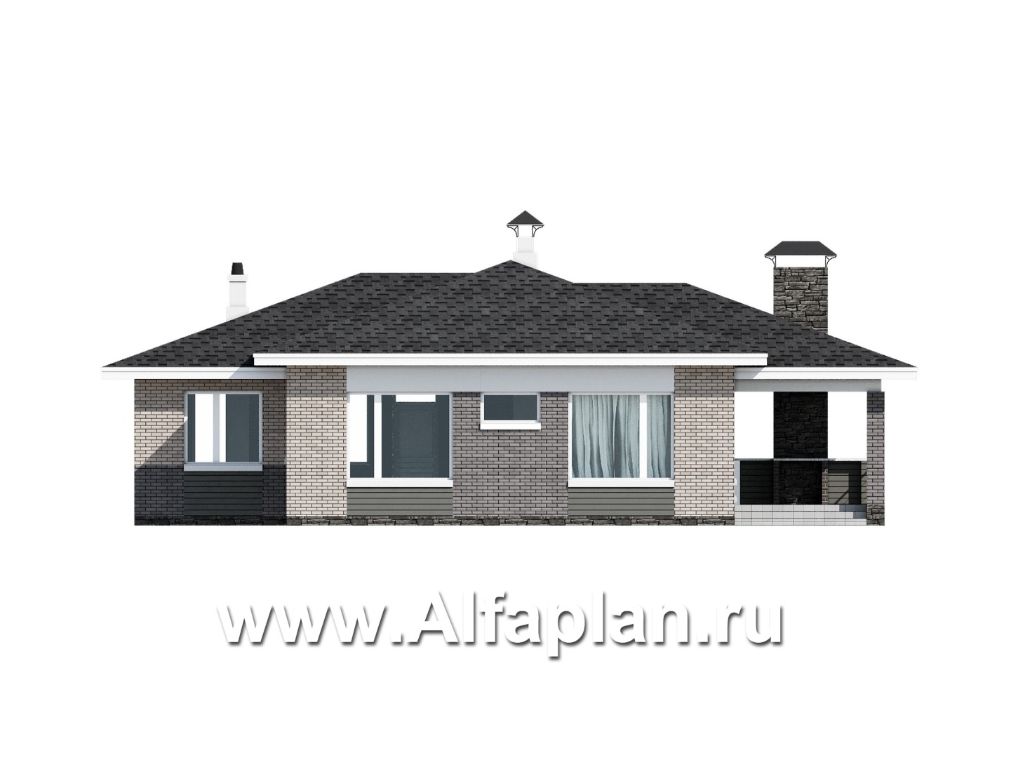 Проекты домов Альфаплан - «Юкон» - проект просторного одноэтажного коттеджа с террасой - изображение фасада №4