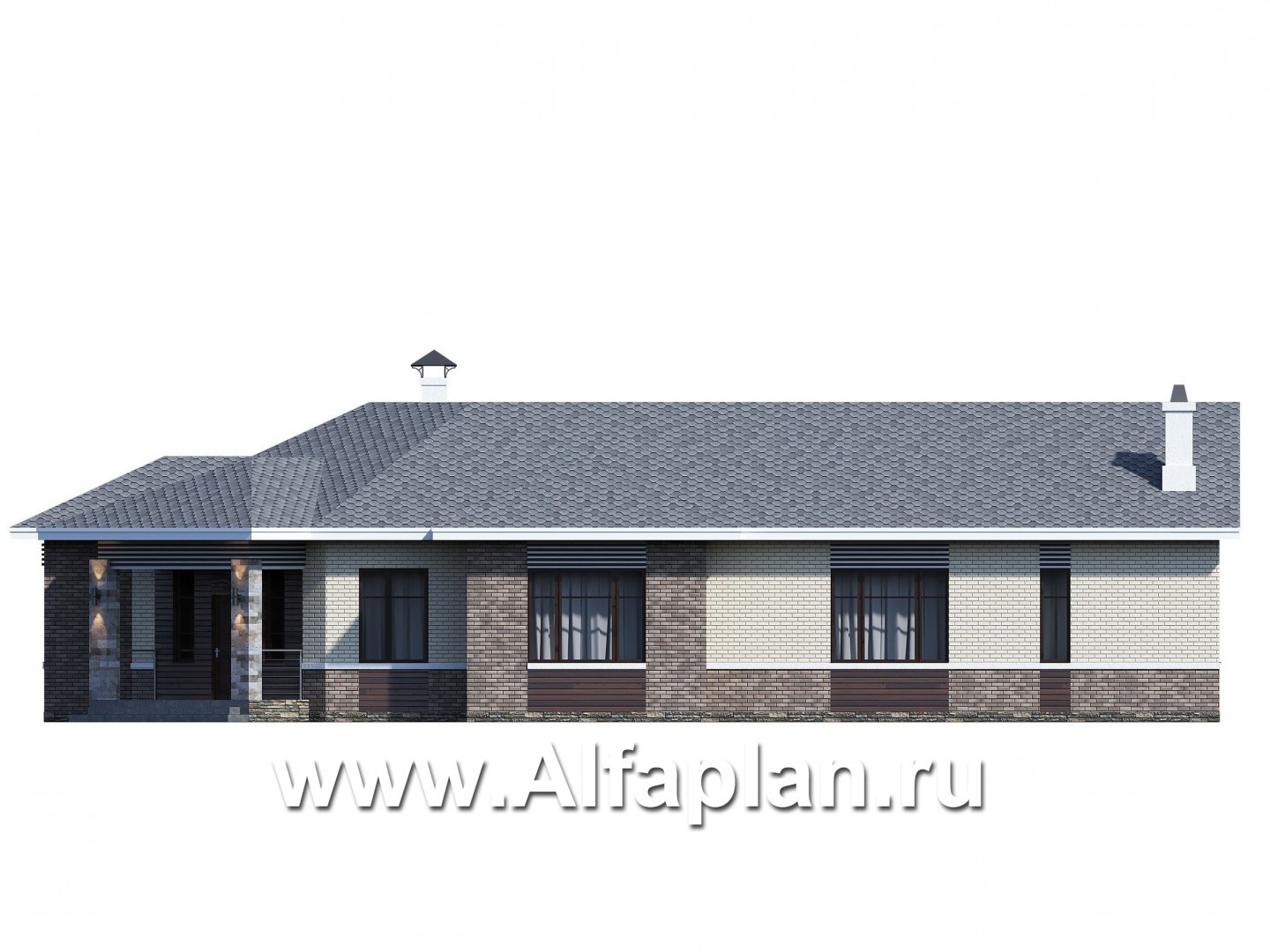 Проекты домов Альфаплан - «Модуль» — проект одноэтажного дома, со вторым светом и с террасой, с диагональным планом, 4 спальни - изображение фасада №1
