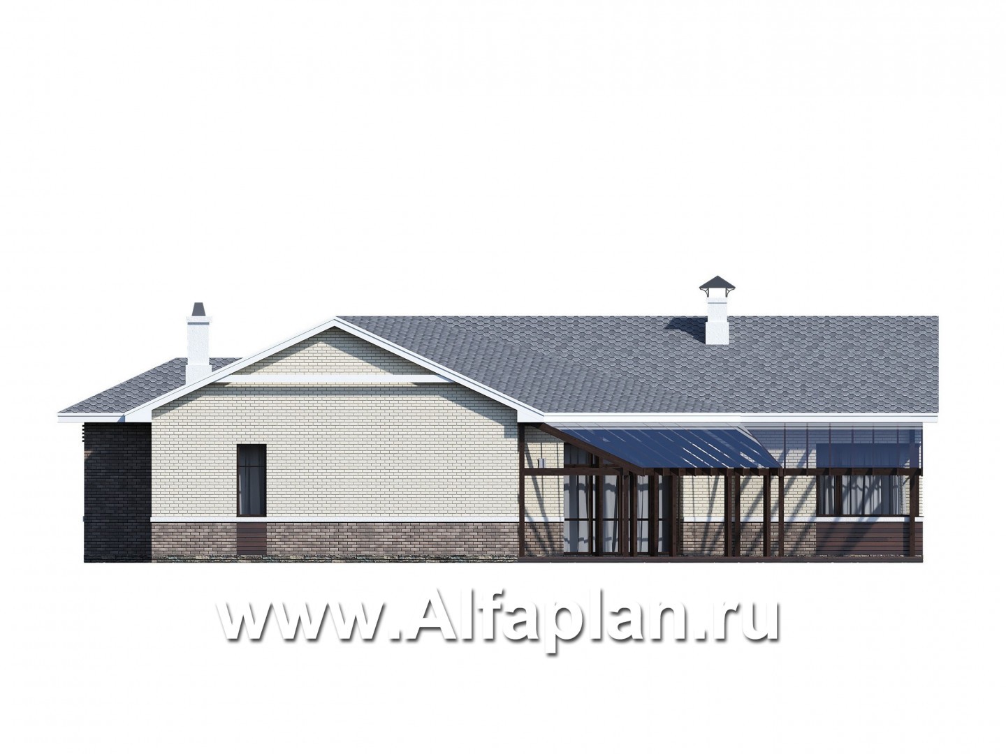 Проекты домов Альфаплан - «Модуль» — проект одноэтажного дома, со вторым светом и с террасой, с диагональным планом, 4 спальни - изображение фасада №2
