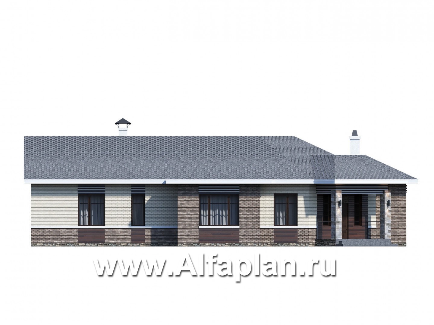 Проекты домов Альфаплан - «Модуль» — проект одноэтажного дома, со вторым светом и с террасой, с диагональным планом, 4 спальни - изображение фасада №3