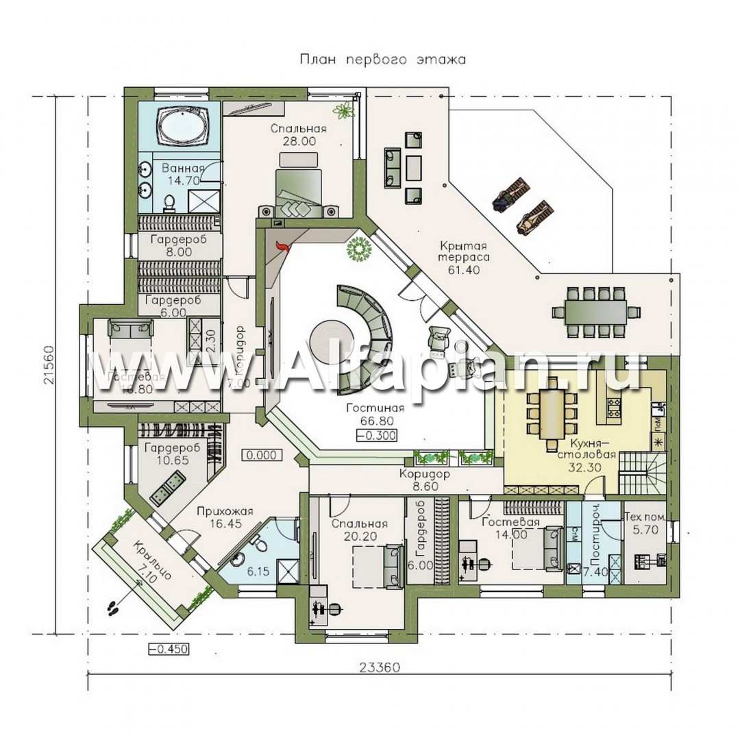 Проекты домов Альфаплан - «Модуль» — проект одноэтажного дома, со вторым светом и с террасой, с диагональным планом, 4 спальни - изображение плана проекта №1