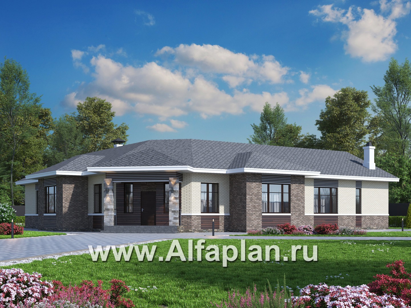 Проекты домов Альфаплан - «Модуль» — проект одноэтажного дома, со вторым светом и с террасой, с диагональным планом, 4 спальни - основное изображение