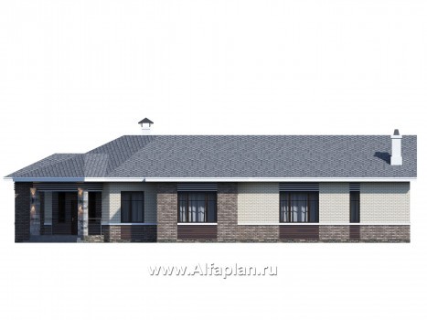 Проекты домов Альфаплан - «Модуль» — проект одноэтажного дома, со вторым светом и с террасой, с диагональным планом, 4 спальни - превью фасада №1