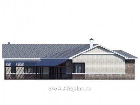 Проекты домов Альфаплан - «Модуль» — проект одноэтажного дома, со вторым светом и с террасой, с диагональным планом, 4 спальни - превью фасада №4