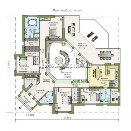 Проекты домов Альфаплан - «Модуль» — проект одноэтажного дома, со вторым светом и с террасой, с диагональным планом, 4 спальни - превью плана проекта №1