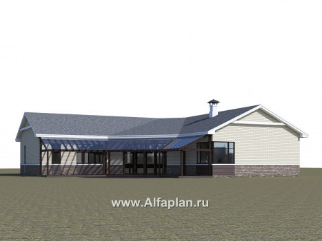 Проекты домов Альфаплан - «Модуль» — проект одноэтажного дома, со вторым светом и с террасой, с диагональным планом, 4 спальни - превью дополнительного изображения №4