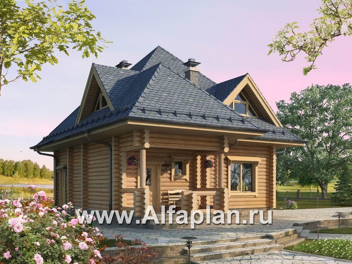 Проекты домов Альфаплан - Одноэтажный дом из бревен с мансардой - основное изображение