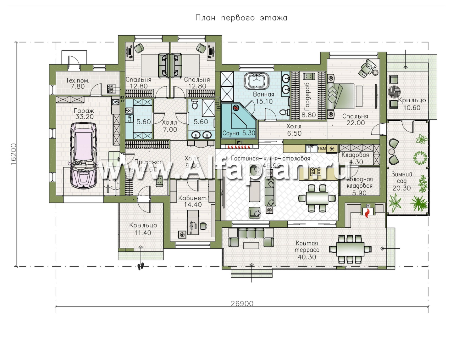 Проекты домов Альфаплан - "Ривьера" - современный, роскошный одноэтажный дом - план проекта №1