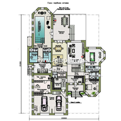 «Дворянское гнездо» - проект двухэтажного дома,  с двусветной гостиной и бассейном, семейный особняк в русском стиле - превью план дома