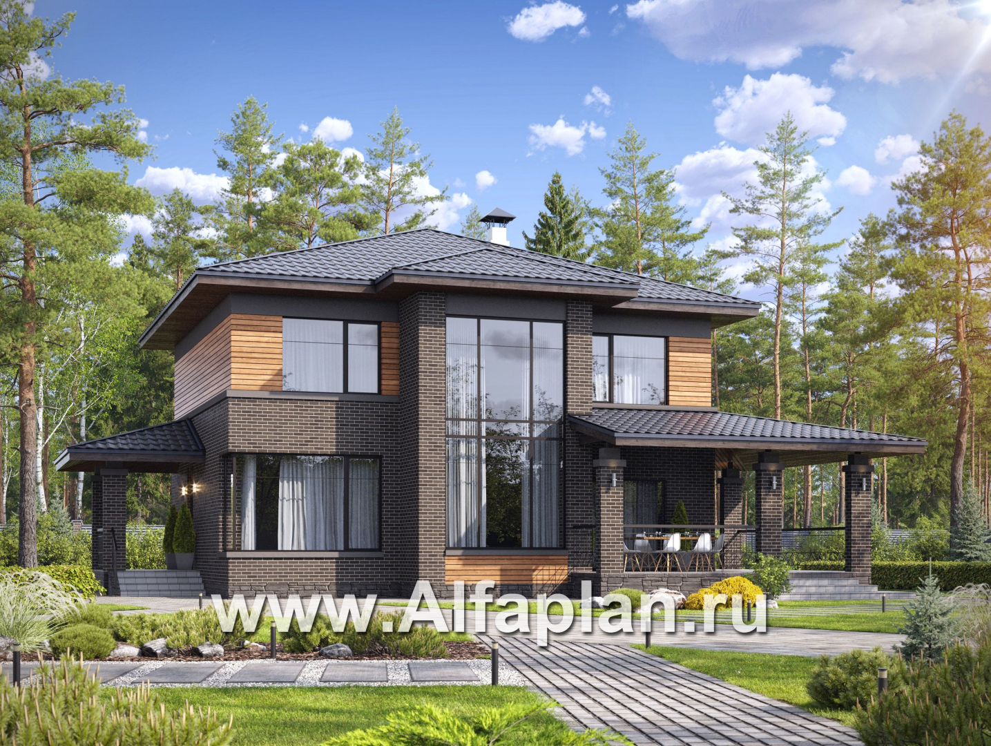 «Триггер роста» - проект двухэтажного дома, план со вторым светом, гостиная со стороны террасы, в стиле Райта - основное изображение