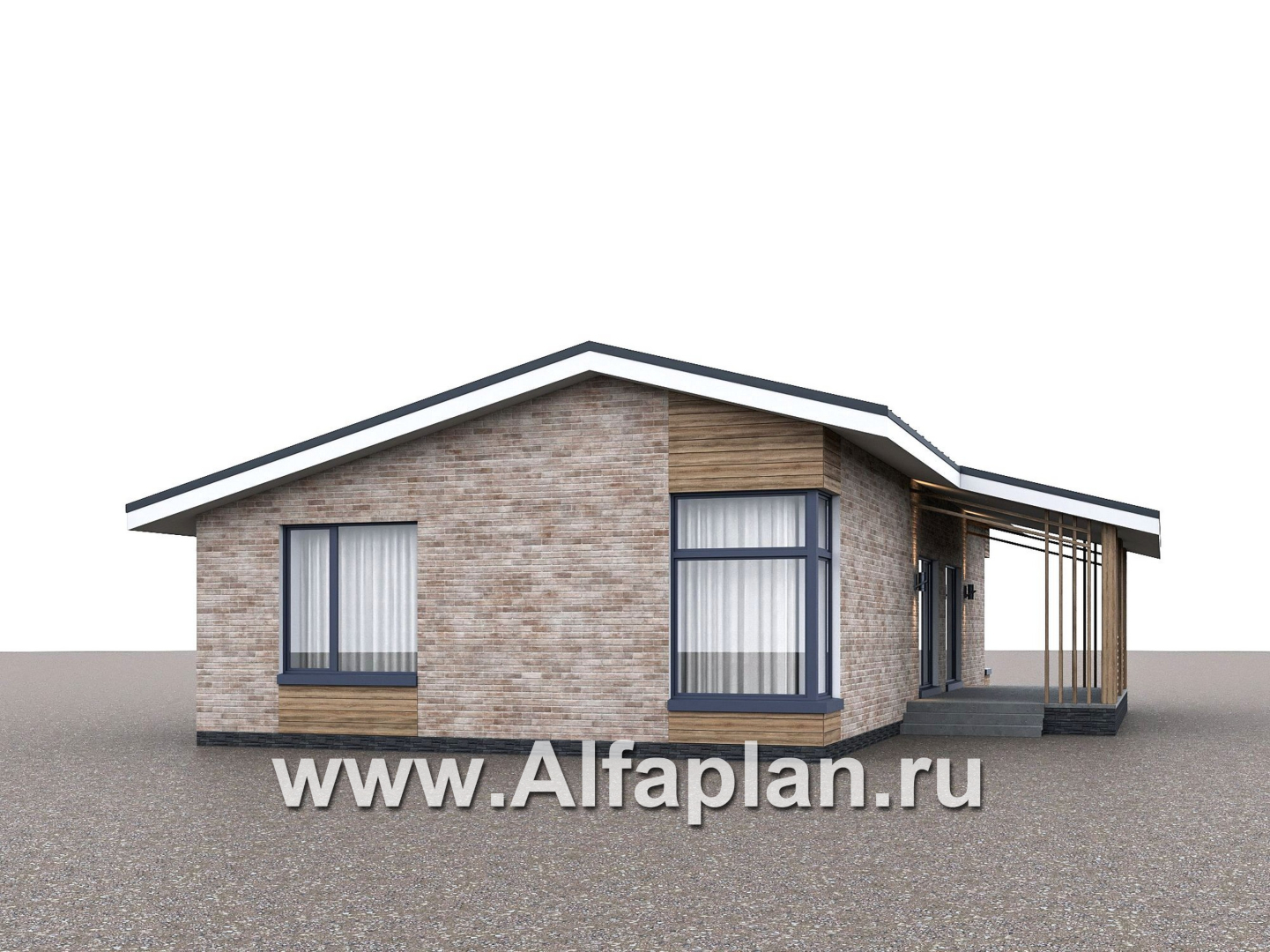 Проекты домов Альфаплан - "Алладин" - проект одноэтажного дома, мастер спальня, с террасой и красивым потолком гостиной со стропилами - дополнительное изображение №2