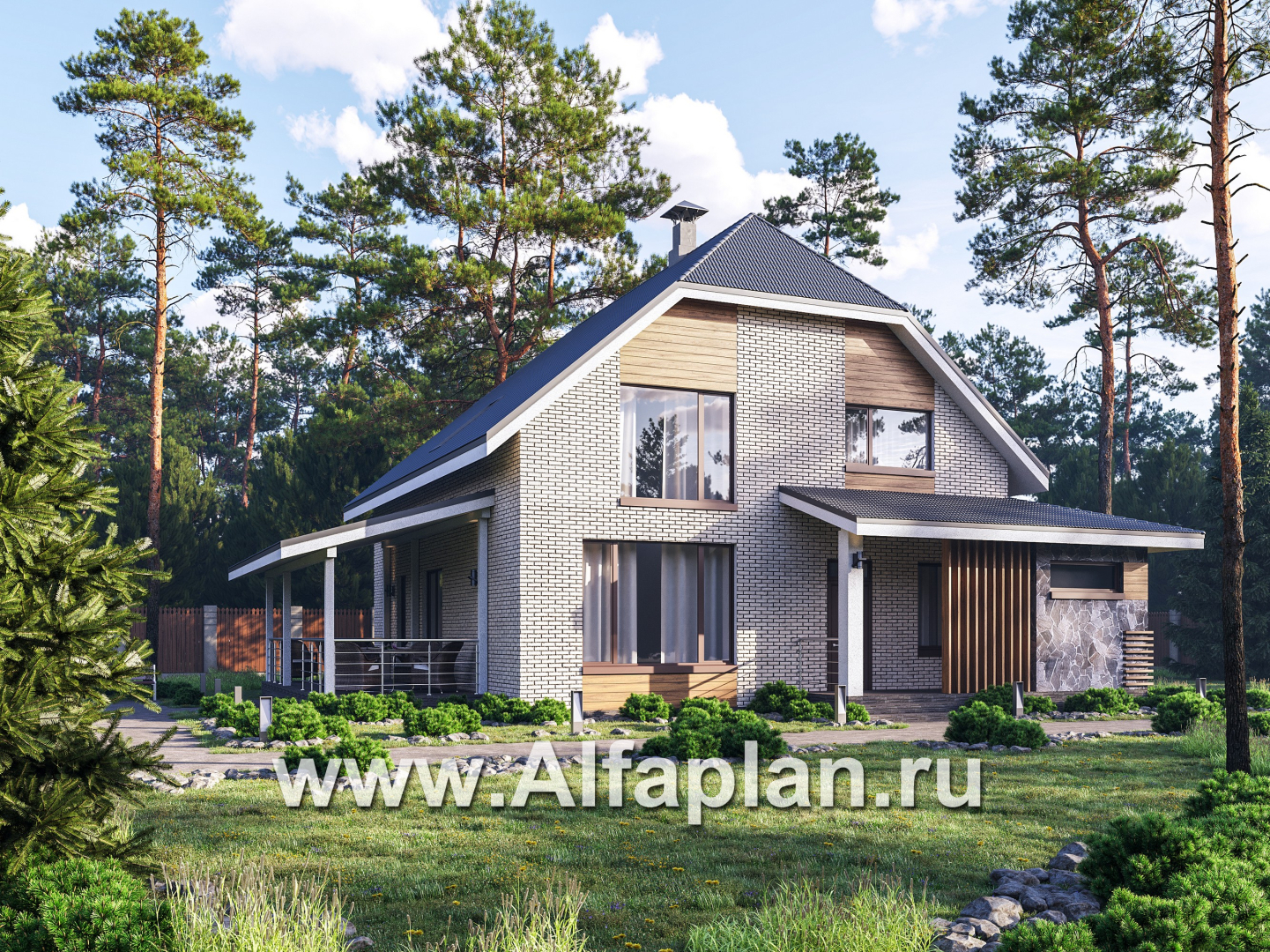 Проекты домов Альфаплан - "Династия" - проект дома с мансардой, с террасой сбоку, мастер спальня - основное изображение