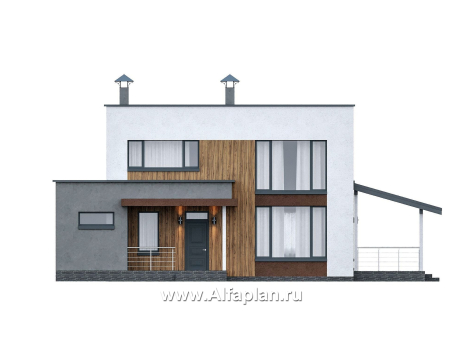«Коронадо» - проект дома, 2 этажа, с террасой сбоку и плоской крышей, мастер спальня, в стиле хай-тек - превью фасада дома