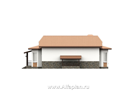 «Ной и команда» - проект полутораэтажного коттеджа, планировка мастер спальня, с эркером и с террасой, с сауной в цоколе - превью фасада дома