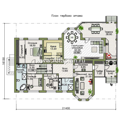 «Ной и команда» - проект полутораэтажного коттеджа, планировка мастер спальня, с эркером и с террасой, с сауной в цоколе - превью план дома