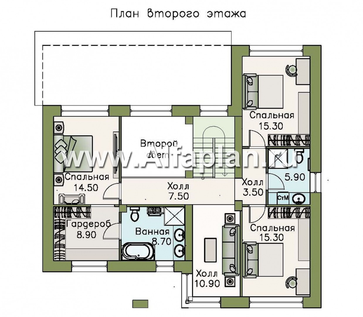 Проекты домов Альфаплан - «Ренуар» - изящный коттедж с двумя комнатами на первом этаже - план проекта №3